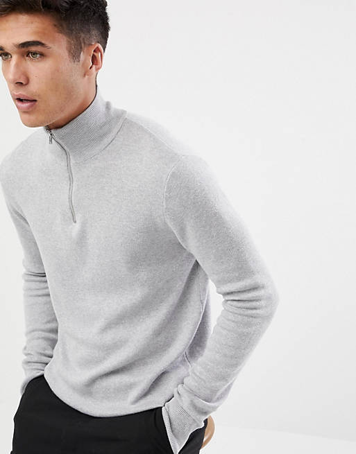 ASOS DESIGN – Mittelschwerer Pullover mit halblangem Reißverschluss in Grau