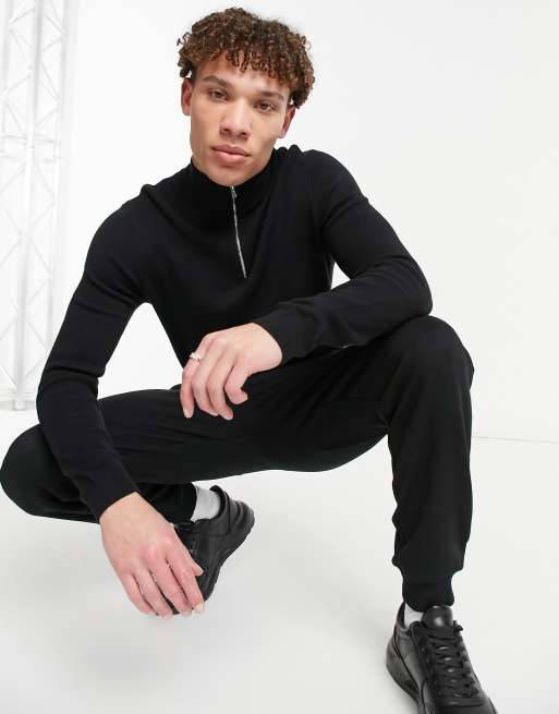 ASOS DESIGN – Mittelschwerer Pullover mit halblangem Reißverschluss in Schwarz