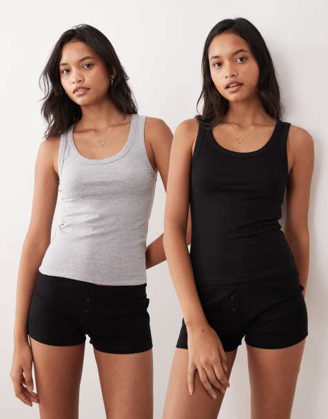 ASOS DESIGN Mix and Match 2 pack pyjama scoop neck singlet in black & grey marl - view 1