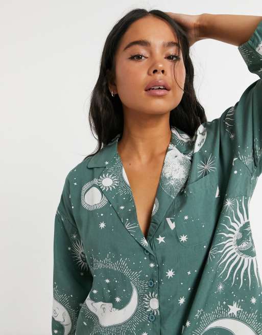 ASOS DESIGN mix-and-match astrology print 100% modal pajama shirt in sage