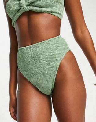 ASOS DESIGN mix and match crinkle high leg high waist bikini bottom in khaki  - ASOS Price Checker