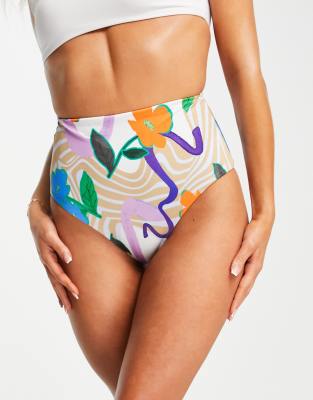 ASOS DESIGN - Mix and Match - Bikinihüfthose mit hohem Bund und Blumen- und Wirbelmuster-Bunt