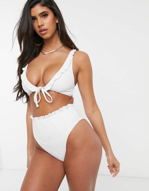 ASOS DESIGN mix and match broderie high leg high waist bikini bottom in  white