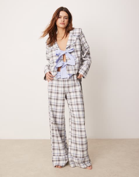 ASOS DESIGN Mix and Match brushed pyjama set in blue check - view 1