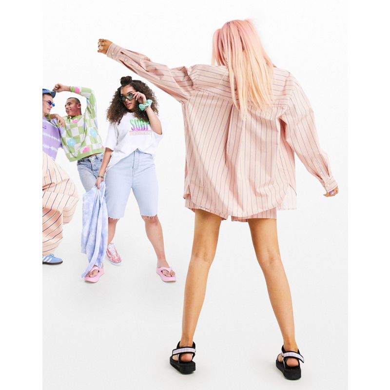 Donna 1VSDz DESIGN - Mix and Match - Camicia oversize in popeline di cotone, colore rosa a righe
