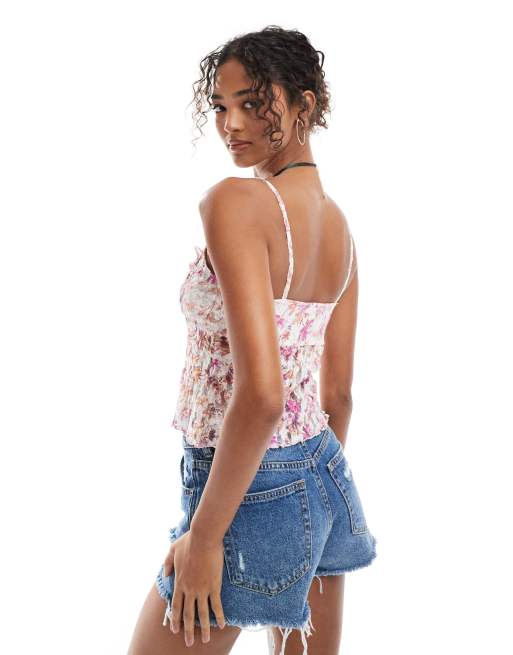 ASOS DESIGN – Mix and Match – Camisole-Oberteil mit Rüschen, Spitze, Blumenmuster und Schlitz vorne, 4 von 4