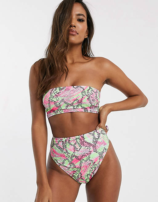 ASOS DESIGN mix and match clean bandeau bikini top in marble snake print 