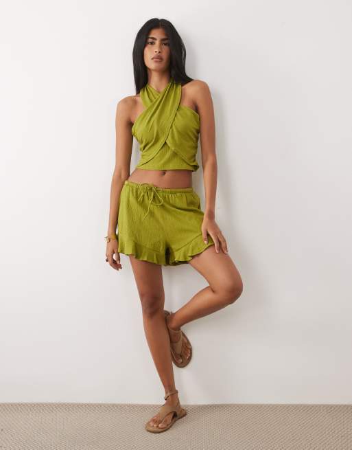 ASOS DESIGN Mix and Match cotton crinkle crossover halter neck top in green, 2 of 4