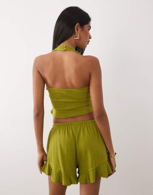 ASOS DESIGN Mix and Match cotton crinkle crossover halter neck top in green, 4 of 4