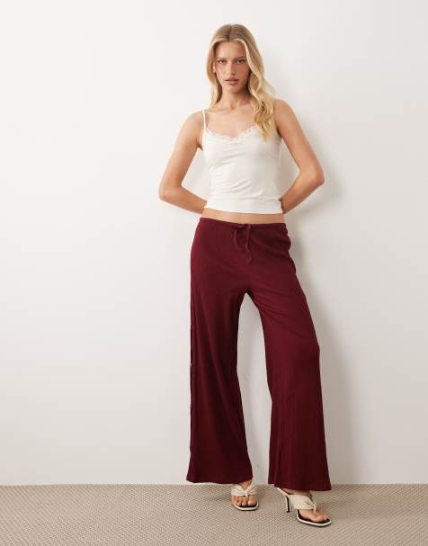 ASOS DESIGN Mix and Match cotton crinkle wide leg pants in berry - view 1
