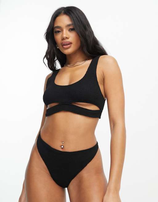 ASOS DESIGN Fuller Bust mix and match crinkle skinny scoop crop bikini top  in chocolate brown