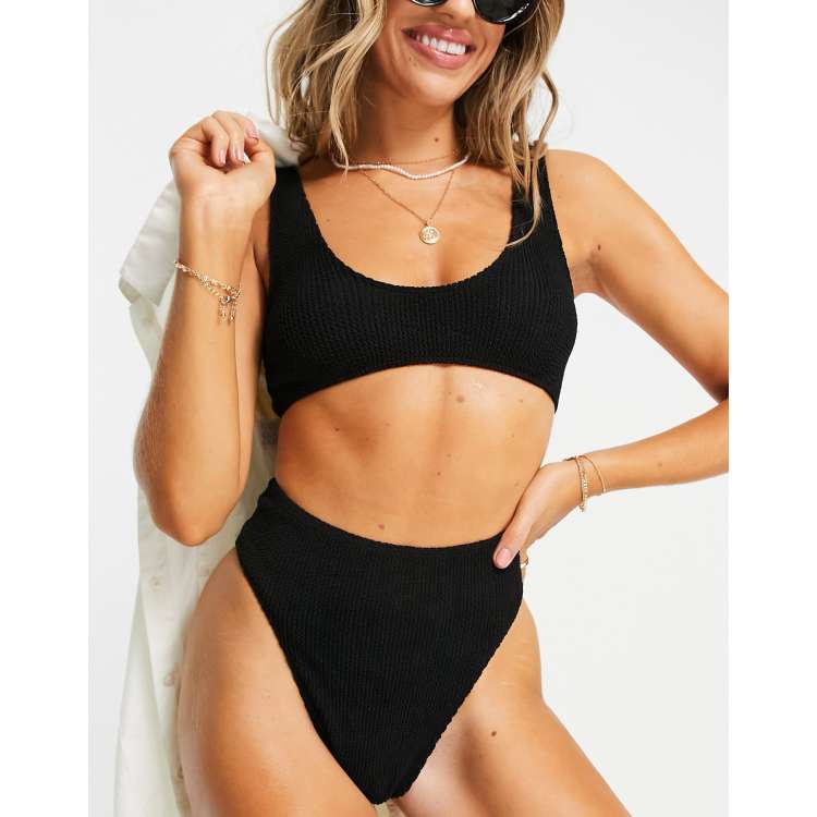 ASOS DESIGN mix and match crinkle high leg high waist bikini bottom in black