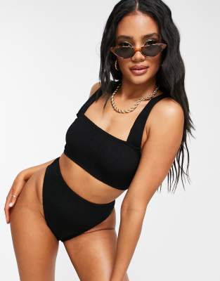 Asos Design Mix And Match Crinkle Thong Bikini Bottom In Black In Black