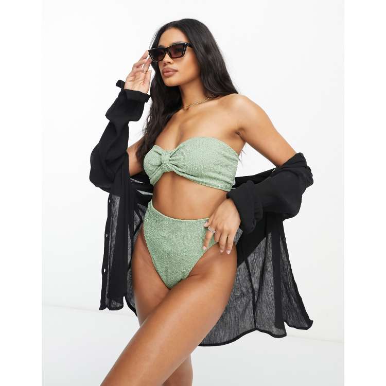 ASOS DESIGN mix and match crinkle high leg high waist bikini bottom in  khaki