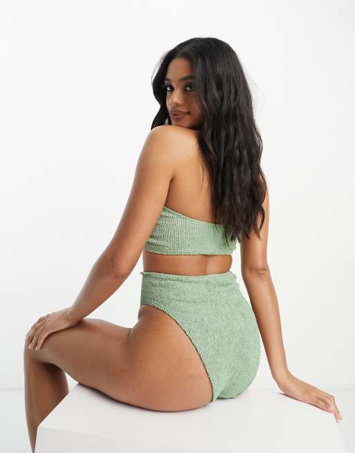 ASOS DESIGN crinkle low back swimsuit in khaki