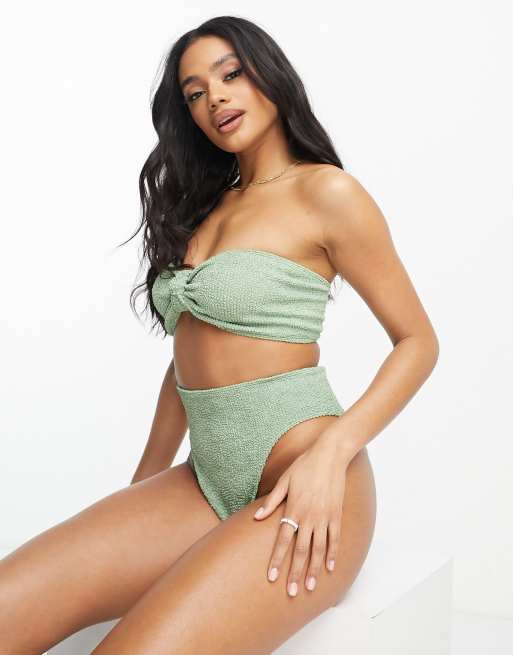 ASOS DESIGN mix and match crinkle high leg high waist bikini bottom in  khaki