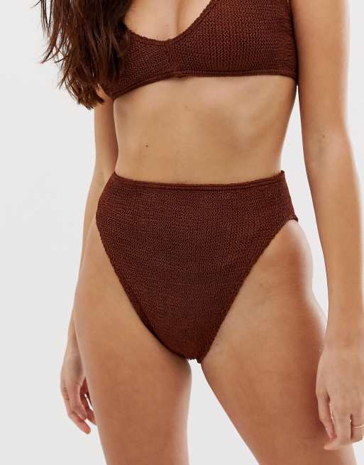 ASOS DESIGN mix and match crinkle high leg high waist bikini bottom in shiny brown, 3 of 4