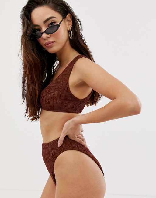ASOS DESIGN mix and match crinkle high leg high waist bikini bottom in shiny brown, 4 of 4