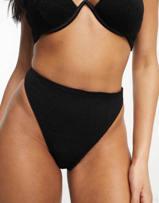 ASOS DESIGN mix and match crinkle high leg high- waist lingerie thong bikini bottom in black