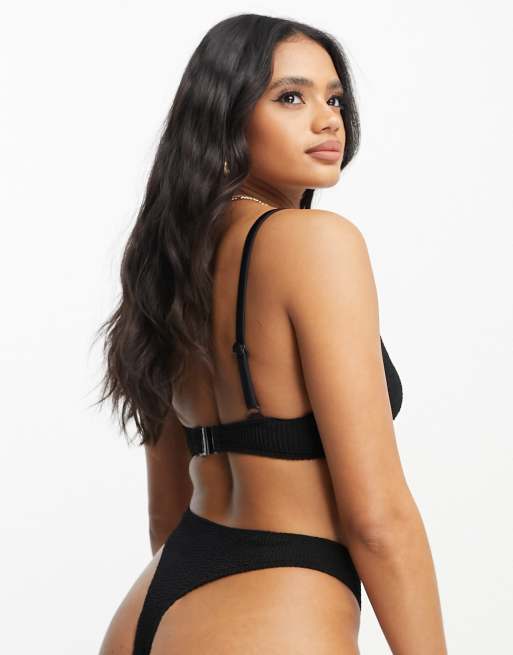 ASOS DESIGN mix and match crinkle high leg high waist thong bikini bottom in black, 2 of 4