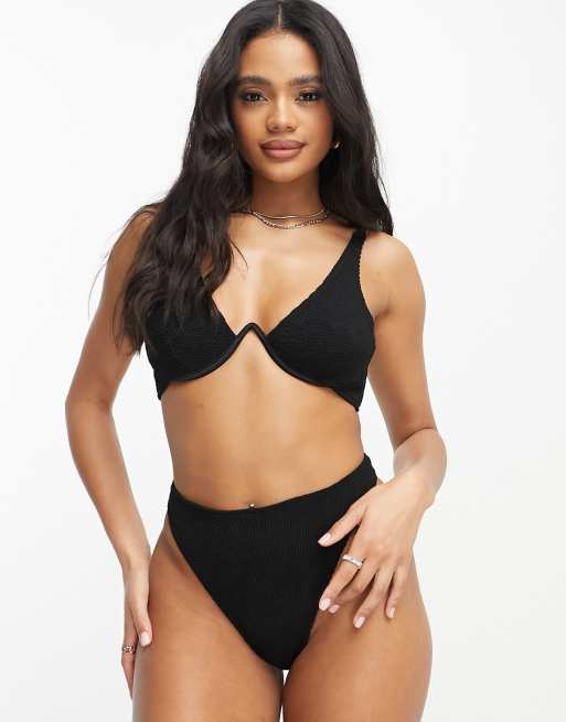 ASOS DESIGN mix and match crinkle high leg high waist thong bikini bottom in black, 3 of 4