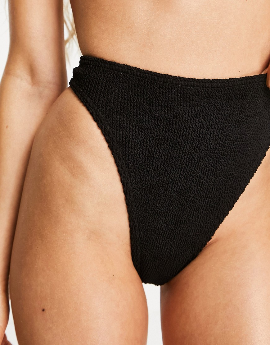 ASOS DESIGN mix and match crinkle high leg high waist thong bikini bottom in black