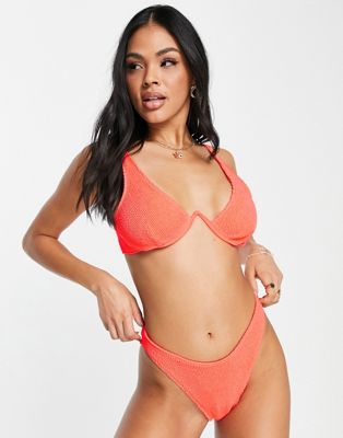Asos Design Mix And Match Crinkle High Leg Hipster Bikini Bottom In Coral-orange
