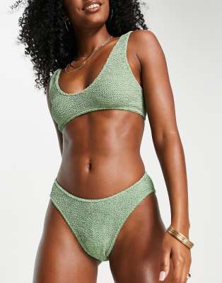 ASOS DESIGN mix and match crinkle high leg hipster bikini bottom in khaki