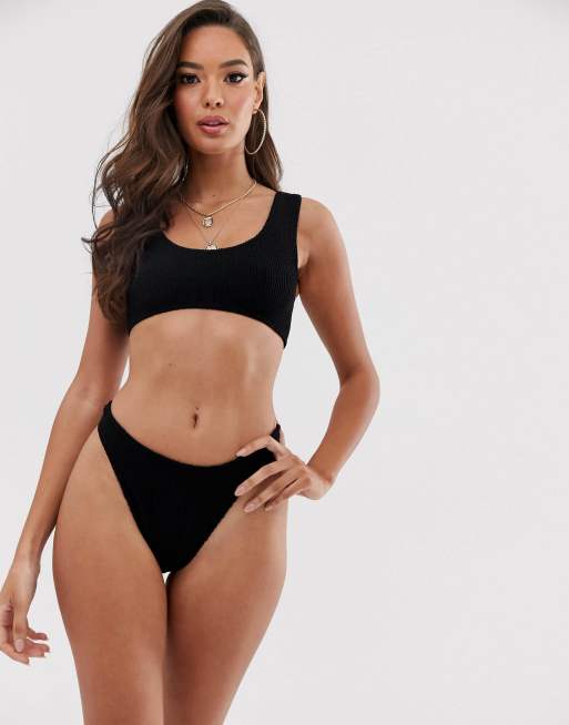 ASOS DESIGN mix and match crinkle high leg high waist bikini bottom in black