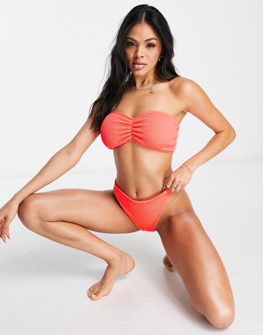 ASOS DESIGN mix and match crinkle ruched bandeau bikini top in coral