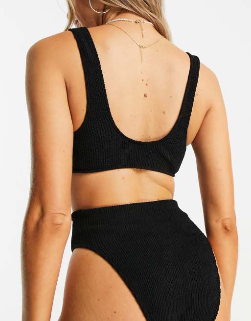 ASOS DESIGN mix and match crinkle skinny scoop crop bikini top in black 