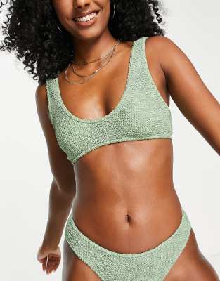 Asos Design Mix And Match Crinkle Skinny Scoop Crop Bikini Top In Khaki-green