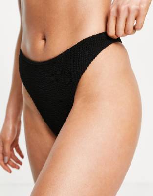 Asos Design Mix And Match Crinkle Thong Bikini Bottom In Black In Black