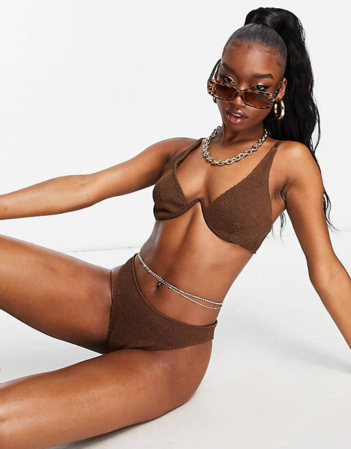 Women mix and match crinkle v wire bikini top in chocolate brown 