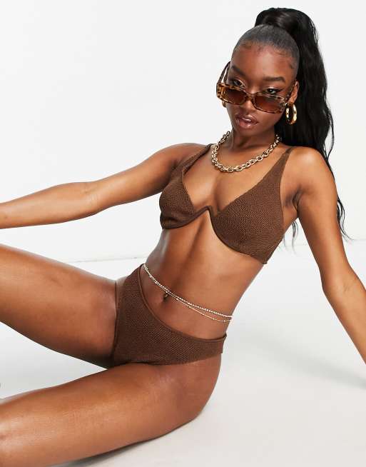 ASOS DESIGN crinkle one shoulder swimsuit in chocolate brown