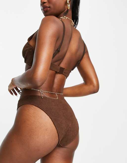 ASOS DESIGN crinkle one shoulder swimsuit in chocolate brown