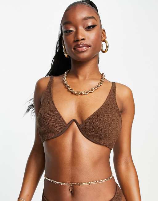 ASOS DESIGN mix and match crinkle v wire bikini top in chocolate