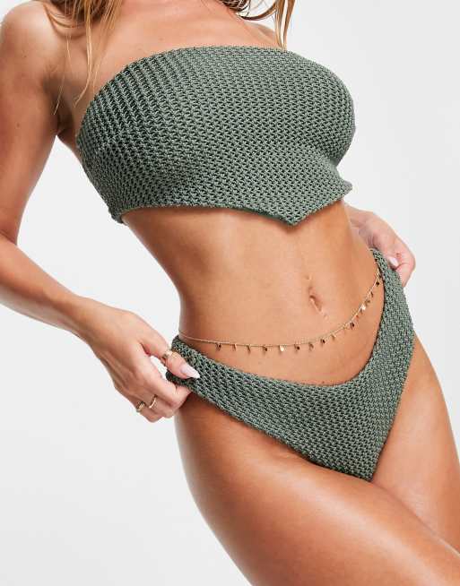 ASOS DESIGN mix and match crochet v front high leg hipster bikini bottom in khaki