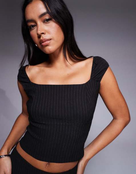 ASOS DESIGN - Mix and Match - Crop top in bengalina con scollo squadrato nero gessato - view 1