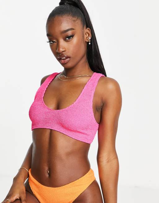 ASOS DESIGN - Mix and match - Cropped skinny bikinitop met kreukeffect in neonroze