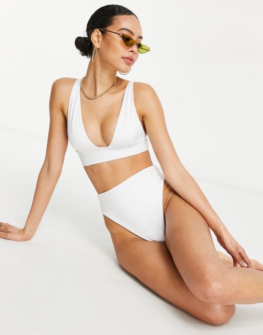 White Mix Match Fabric Plunge Bikini Top