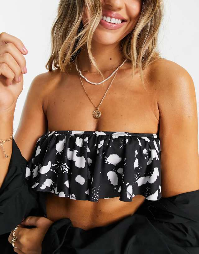 ASOS DESIGN mix and match frill bandeau bikini top in mono spot print