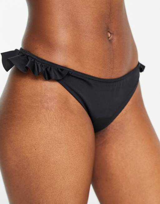 Black Textured Frill Hipster Bikini Bottoms