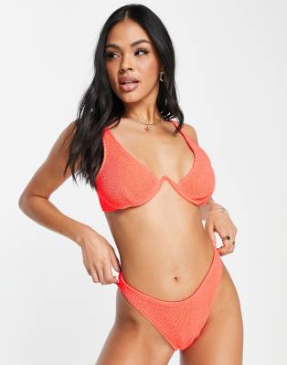 ASOS DESIGN - Mix and Match - Gekräuselte Hüft-Bikinihose in Korallenrot mit hohem Beinausschnitt-Orange