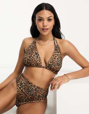 ASOS DESIGN - Mix and Match - Geripptes Triangel-Bikinioberteil mit Leopardenmuster für die größere Brust-Bunt