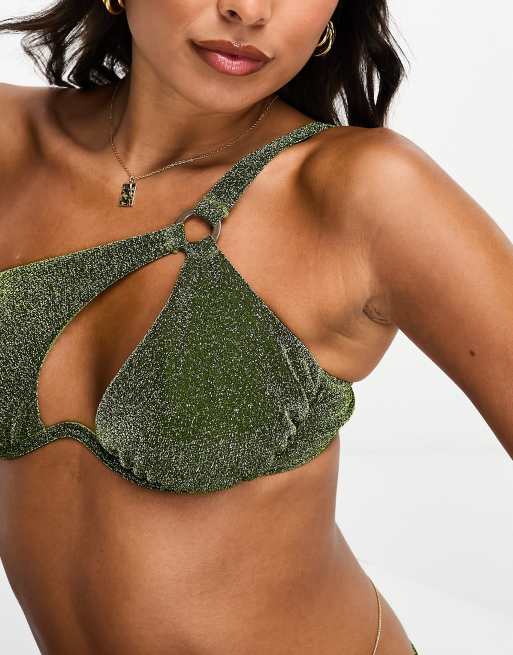 ASOS DESIGN mix and match glitter asymmetric monowire bikini top in green