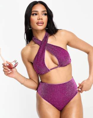 Asos Design Mix And Match Glitter Cross Neck Halter Bikini Top In Pink