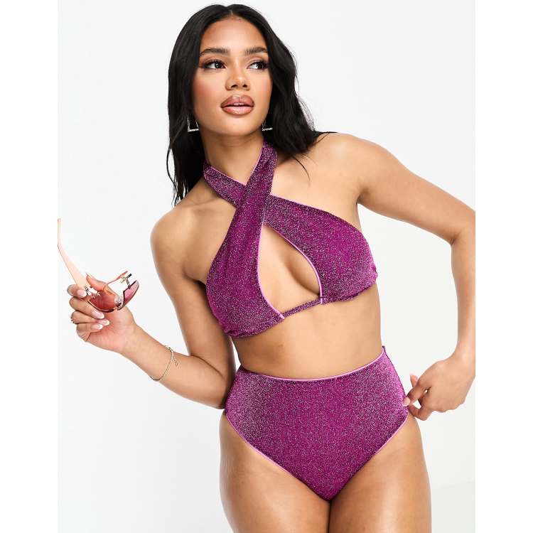 ASOS DESIGN mix and match glitter cross neck halter bikini top in pink