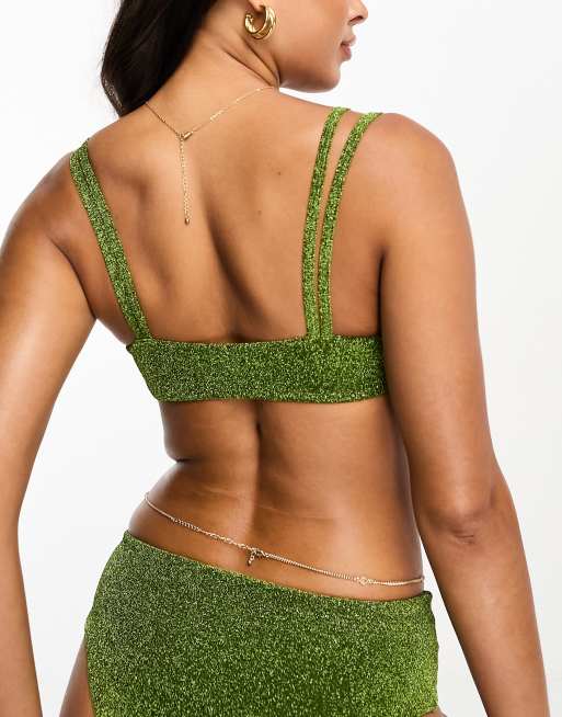 ASOS DESIGN mix and match glitter lattice crop bikini top in green