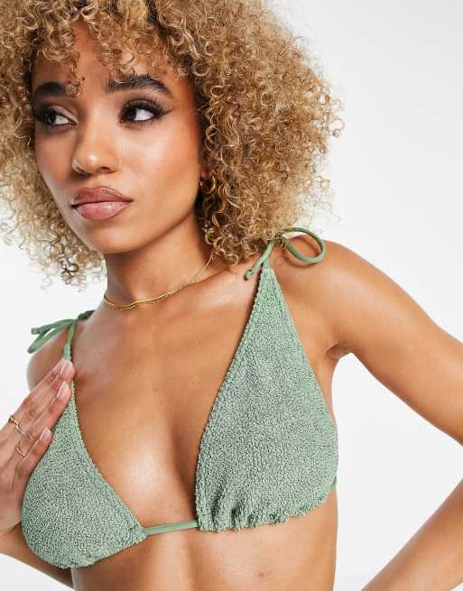 ASOS DESIGN – Mix and Match – Góra od bikini z trójkątnymi miseczkami z gniecionej tkaniny w kolorze khaki 